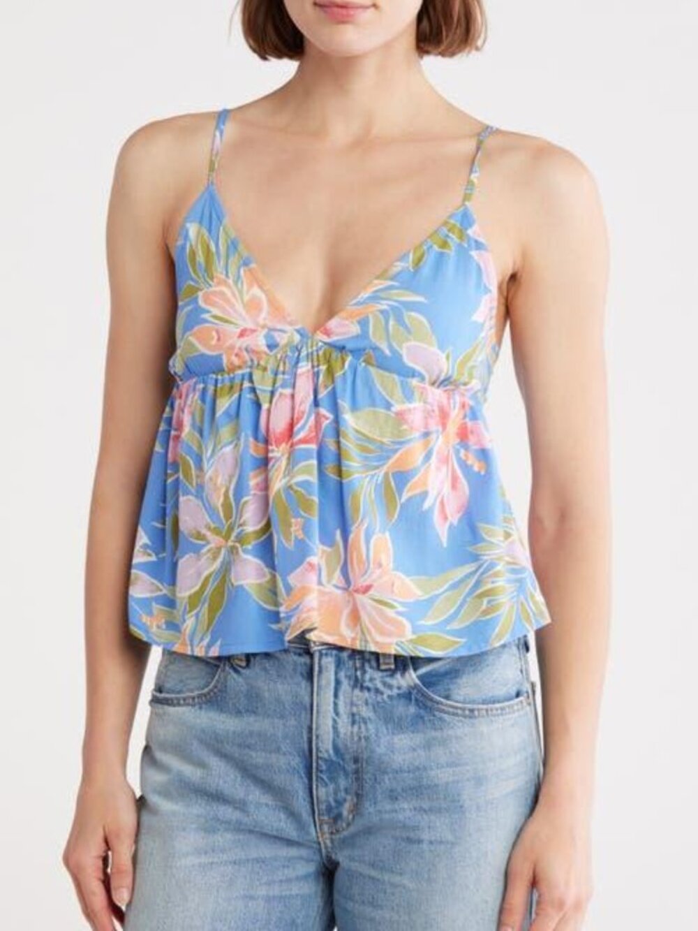 NWT Billabong Carefree Crop Camisole Large Blue Tropical print